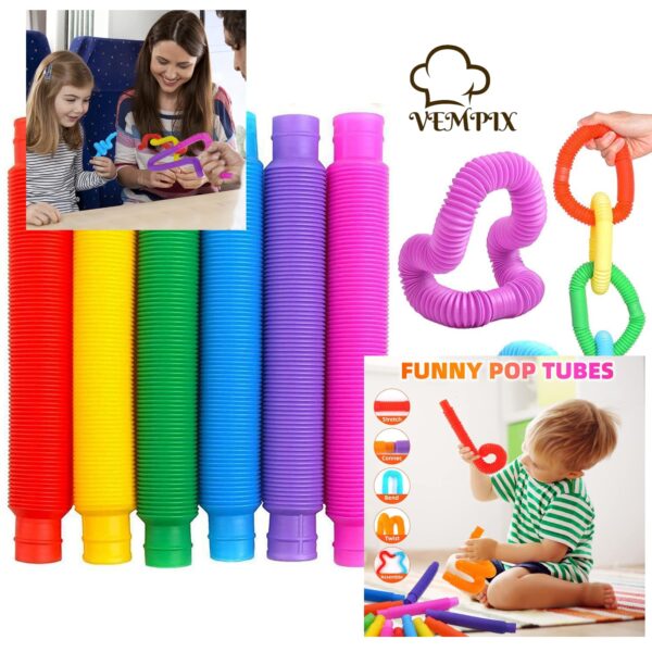 Pop Tubes Fidget Toy, Sensory Tubes, Poppin Pipes for Kids, Stress Relief Stretch Bend Build and Connect Toy, Fidget Toys for Sensory Learning, Colorful Pop Tubes (6) - Image 2