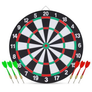 Dart Board Set, Double-Sided 15 Inch Dartboard Game with 6 Steel-Plastic Darts, Man Cave Stuff for Adults, Bars, Arcades, Billiard Rooms, Family Leisure Sport