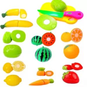 Realistic Sliceable Vegetables and Fruits Cutting Play Toy Set, Cut in 2 Parts Fruits Kitchen Cutting-Board for Kids (12 pcs Fruit Set)