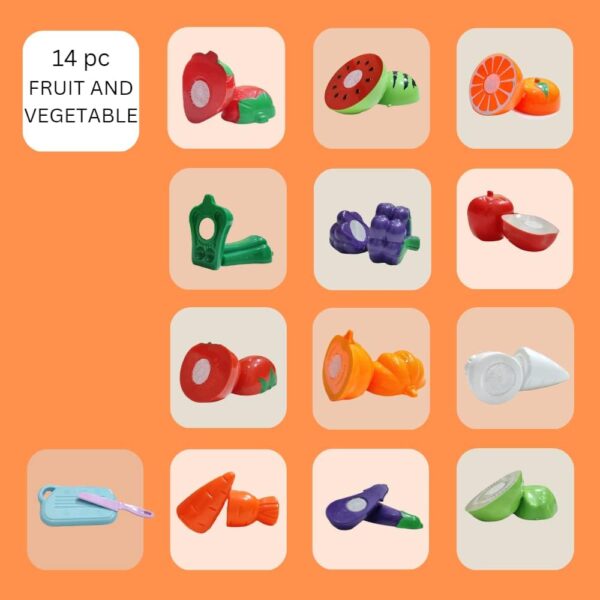 Fruit Cut Toy with Storage Basket Realistic Sliceable Cutting Fruits and Vegetable Pretend play Kitchen toys For kids 6 Fruits/ 6 vegetables/ 1 Board/ 1 Knife /1 Basket (Pack of 15pc Basket) - Image 2