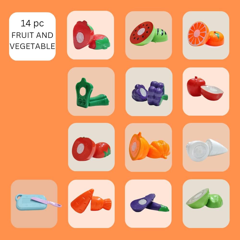 Fruit Cut Toy with Storage Basket Realistic Sliceable Cutting Fruits and Vegetable Pretend play Kitchen toys For kids 6 Fruits/ 6 vegetables/ 1 Board/ 1 Knife /1 Basket (Pack of 15pc Basket) - Image 2
