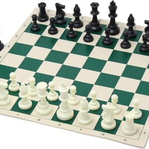 Tournament Chess Set 17"x 17" Solid Chess Pieces and Green Mat Roll-Up Vinyl Chess Mat, Plastic Filled Pieces with 2 Extra Queens & Carry Bag