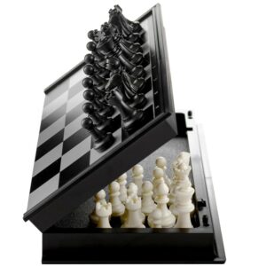 Chess Board Set with Magnetic Pawns - Foldable Travel Friendly Games for Kids, Adults (Black and White)