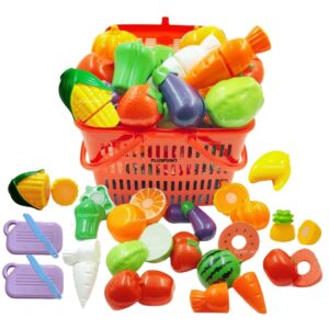 Fruit Cut Toy with Storage Basket Realistic Sliceable Cutting Fruits and Vegetable Pretend Play Kitchen Toys for Kids 7-Fruits/ 7-Vegetables/ 2 Board/ 2 Knife (Multicolour), 18pc