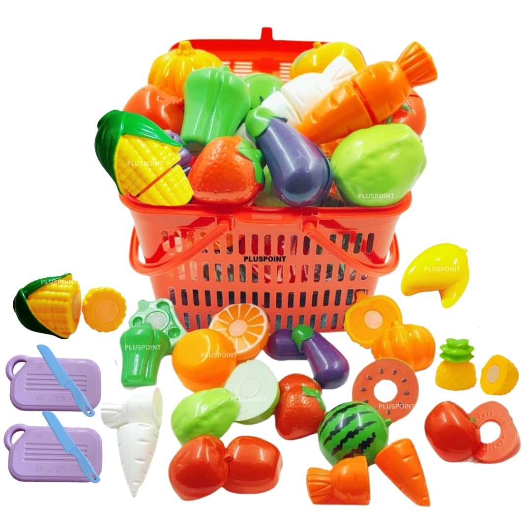 Fruit Cut Toy with Storage Basket Realistic Sliceable Cutting Fruits and Vegetable Pretend Play Kitchen Toys for Kids 7-Fruits/ 7-Vegetables/ 2 Board/ 2 Knife (Multicolour), 18pc