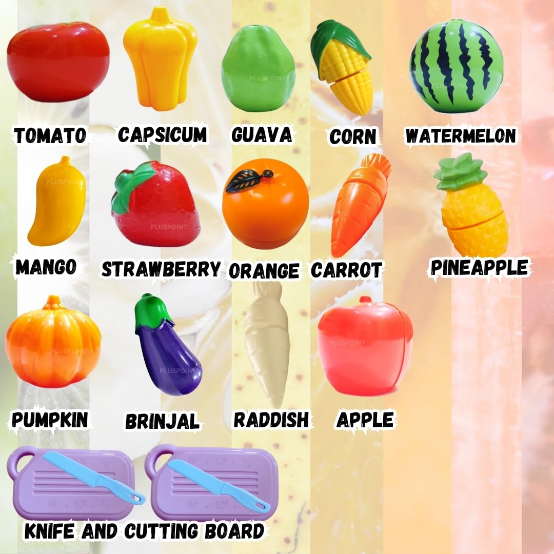 Fruit Cut Toy with Storage Basket Realistic Sliceable Cutting Fruits and Vegetable Pretend Play Kitchen Toys for Kids 7-Fruits/ 7-Vegetables/ 2 Board/ 2 Knife (Multicolour), 18pc - Image 2