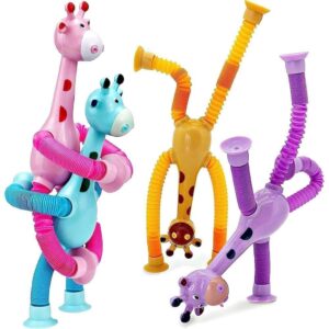 Kid 3 Pcs Telescopic Suction Cup Giraffe Toy Shape Changing Pop Fidget Tubes Sensory Fidget Toy for Girls Boys, Multicolor
