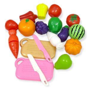 18 PCS Cutting Play Food Toy for Kids Realistic sliceable Pretend Fruit &Vegetables Accessories Has 7 Fruits, 7 Vegetables,2 Board,2 Knife for Kitchen Toys for Girls and Boys