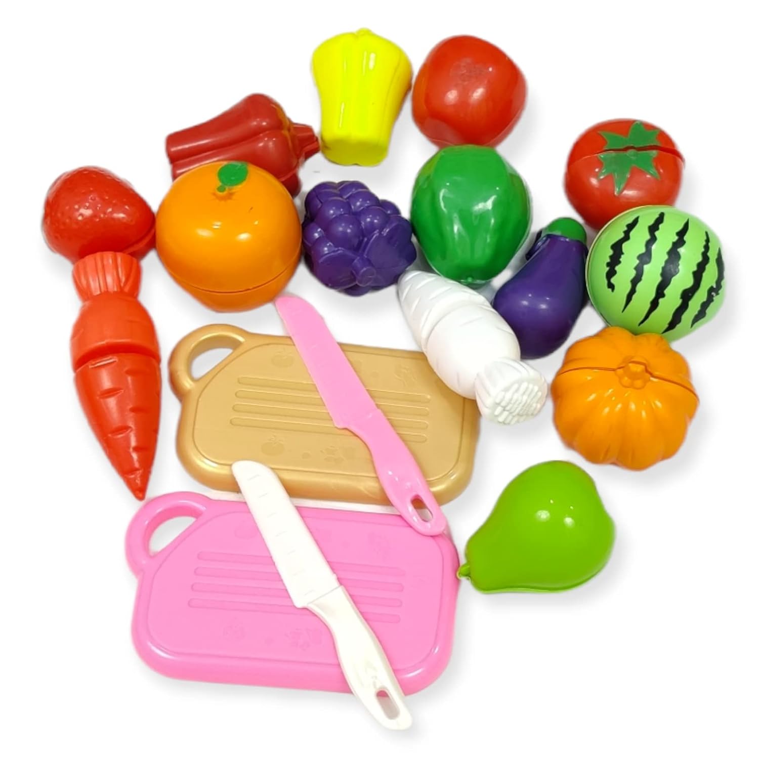 18 PCS Cutting Play Food Toy for Kids Realistic sliceable Pretend Fruit &Vegetables Accessories Has 7 Fruits, 7 Vegetables,2 Board,2 Knife for Kitchen Toys for Girls and Boys