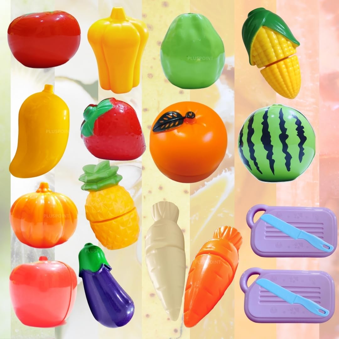 Fruit Cut Toy with Storage Basket Realistic Sliceable Cutting Fruits and Vegetable Pretend Play Kitchen Toys for Kids 7-Fruits/ 7-Vegetables/ 2 Board/ 2 Knife (Multicolour), 18pc - Image 6