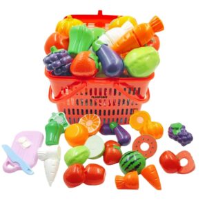 Fruit Cut Toy with Storage Basket Realistic Sliceable Cutting Fruits and Vegetable Pretend play Kitchen toys For kids 6 Fruits/ 6 vegetables/ 1 Board/ 1 Knife /1 Basket (Pack of 15pc Basket)