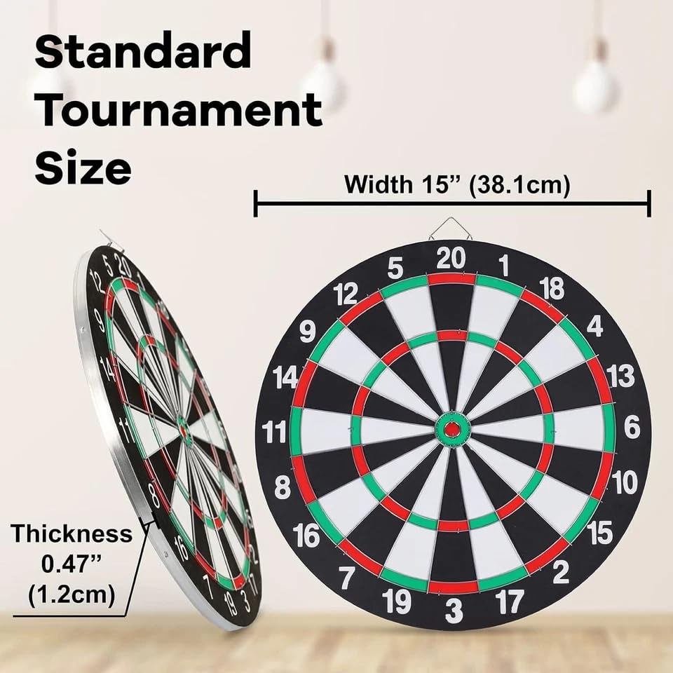 15-Inch Dart Board and Darts Set | Double-Sided Classic & Target Game Board with 6 Steel Tip Darts | Indoor Family Fun for Kids and Adults | Beginner Friendly Flocked Surface - Image 4