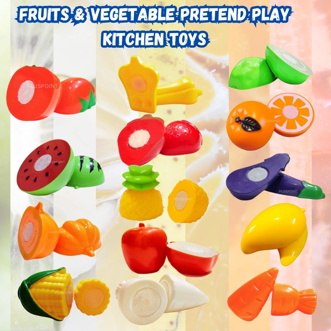 Fruit Cut Toy with Storage Basket Realistic Sliceable Cutting Fruits and Vegetable Pretend Play Kitchen Toys for Kids 7-Fruits/ 7-Vegetables/ 2 Board/ 2 Knife (Multicolour), 18pc - Image 5