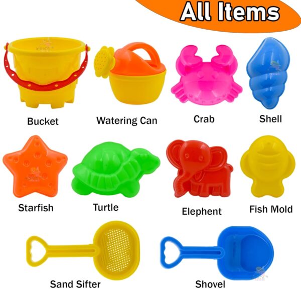 Sand Game Castle Building Plastic Beach Toy Set for Kids Summer Fun Creative Activity Playset & Gardening Tool with Fishes, Elephant & Bucket (Pack of 10, Multicolor) - Image 9