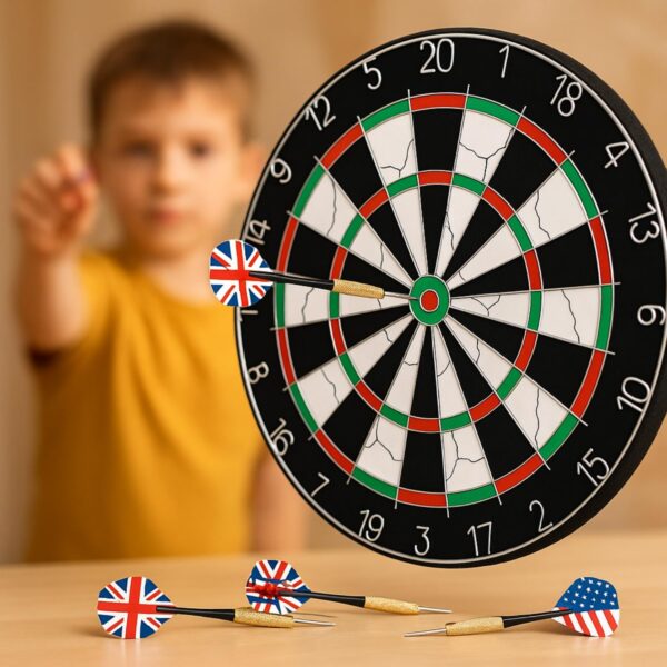 18-Inch Double-Faced Bristle Dartboard with 6 Darts – Thick Tournament Dart Board for Adults & Kids – Indoor Outdoor Target Game for Family, Party, Office (Multicolor, Black, Wood Finish) - Image 4