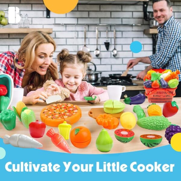 Fruit Cut Toy with Storage Basket Realistic Sliceable Cutting Fruits and Vegetable Pretend play Kitchen toys For kids 6 Fruits/ 6 vegetables/ 1 Board/ 1 Knife /1 Basket (Pack of 15pc Basket) - Image 7