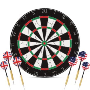 18-Inch Double-Faced Bristle Dartboard with 6 Darts – Thick Tournament Dart Board for Adults & Kids – Indoor Outdoor Target Game for Family, Party, Office (Multicolor, Black, Wood Finish)