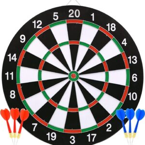 15-Inch Dart Board and Darts Set | Double-Sided Classic & Target Game Board with 6 Steel Tip Darts | Indoor Family Fun for Kids and Adults | Beginner Friendly Flocked Surface