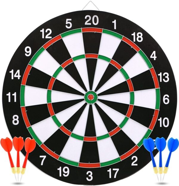 15-Inch Dart Board and Darts Set | Double-Sided Classic & Target Game Board with 6 Steel Tip Darts | Indoor Family Fun for Kids and Adults | Beginner Friendly Flocked Surface