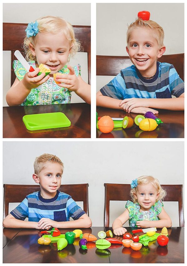 18 PCS Cutting Play Food Toy for Kids Realistic sliceable Pretend Fruit &Vegetables Accessories Has 7 Fruits, 7 Vegetables,2 Board,2 Knife for Kitchen Toys for Girls and Boys - Image 6