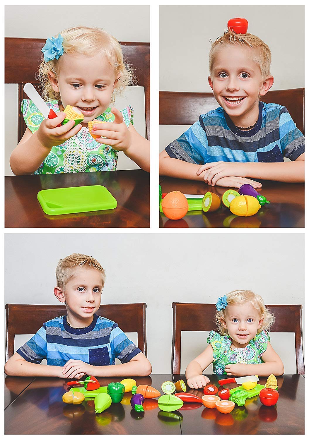 18 PCS Cutting Play Food Toy for Kids Realistic sliceable Pretend Fruit &Vegetables Accessories Has 7 Fruits, 7 Vegetables,2 Board,2 Knife for Kitchen Toys for Girls and Boys - Image 6