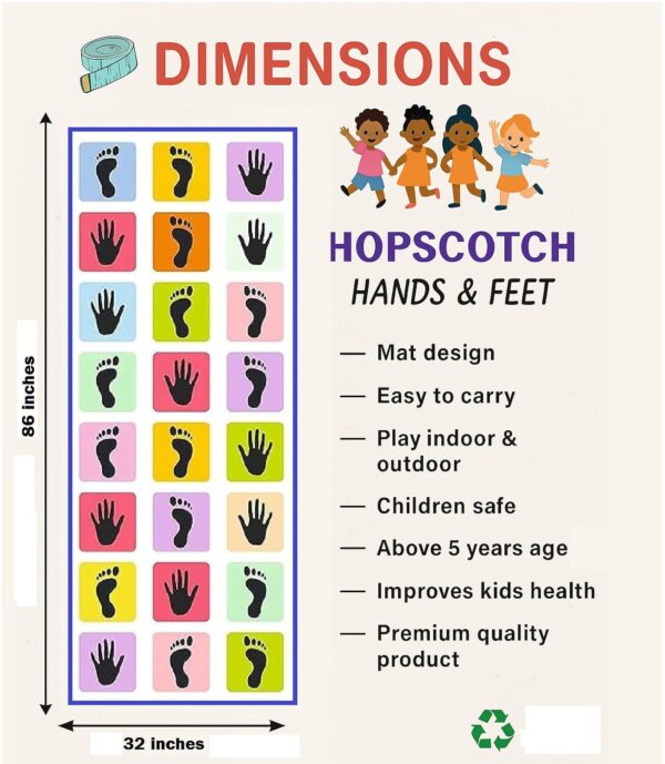 Hopscotch Play Mat for Kids, 81 x 32 cm, Indoor Outdoor Activity Mat, Ages 5+, Hands and Feet Design - Image 3