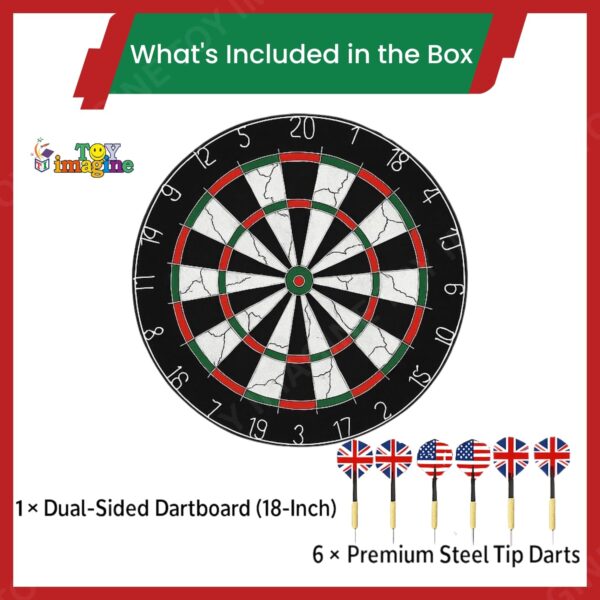18-Inch Double-Faced Bristle Dartboard with 6 Darts – Thick Tournament Dart Board for Adults & Kids – Indoor Outdoor Target Game for Family, Party, Office (Multicolor, Black, Wood Finish) - Image 7