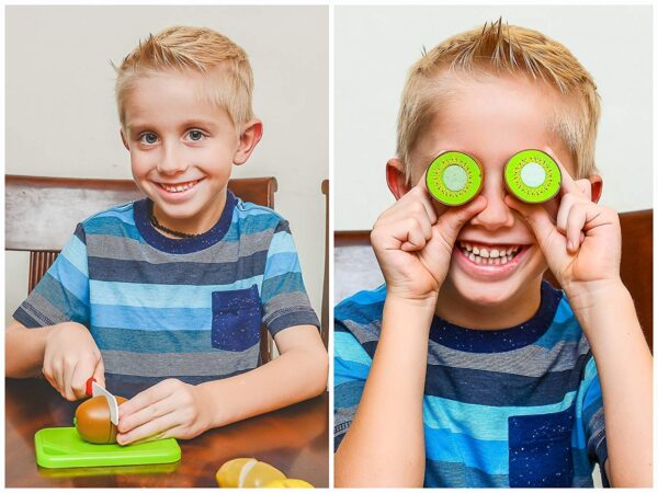 18 PCS Cutting Play Food Toy for Kids Realistic sliceable Pretend Fruit &Vegetables Accessories Has 7 Fruits, 7 Vegetables,2 Board,2 Knife for Kitchen Toys for Girls and Boys - Image 7