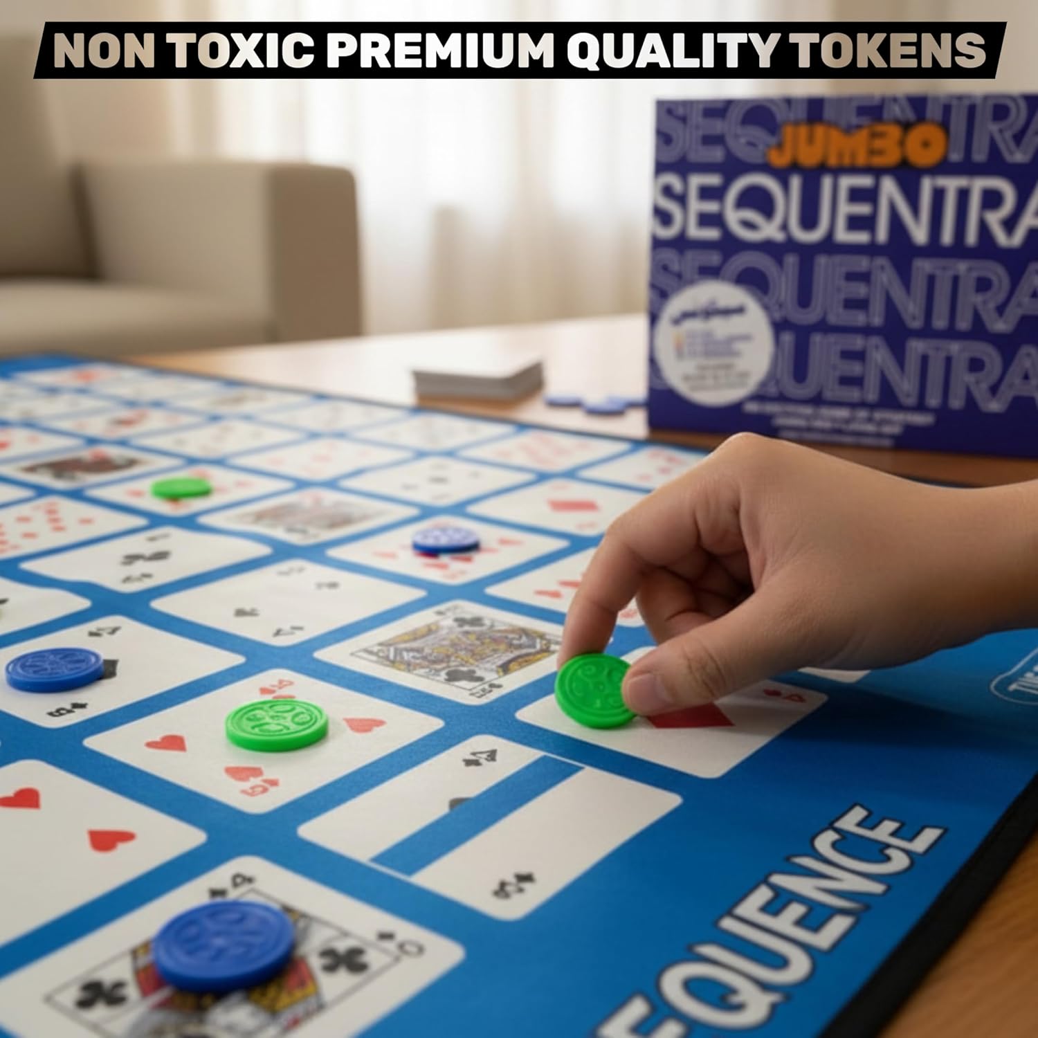 Jumbo Sequentra Board Game| Big-Size Strategy Card & Chip Fun Family Game for Kids | Classic Indoor Group Multicolor - Image 4